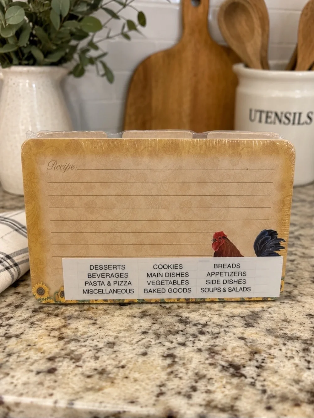 Vintage Sealed Rooster Sunflower Recipe Cards & Dividers 6x4 Kitchen Organizer